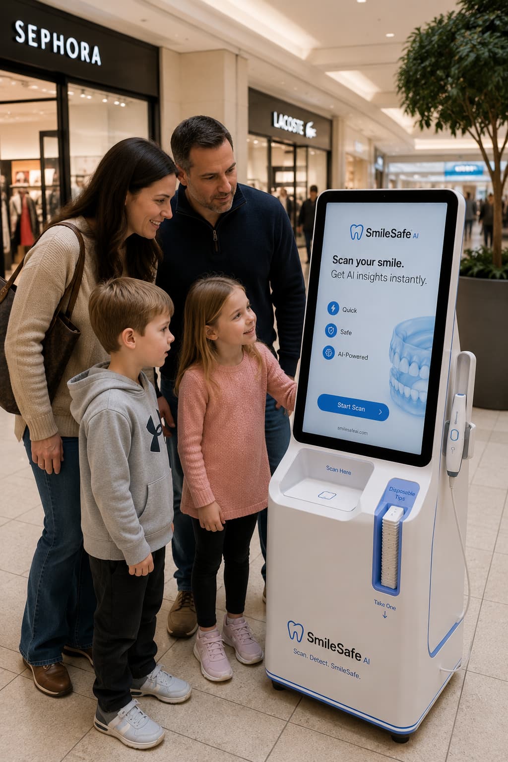 Family using SmileSafe kiosk in a shopping mall