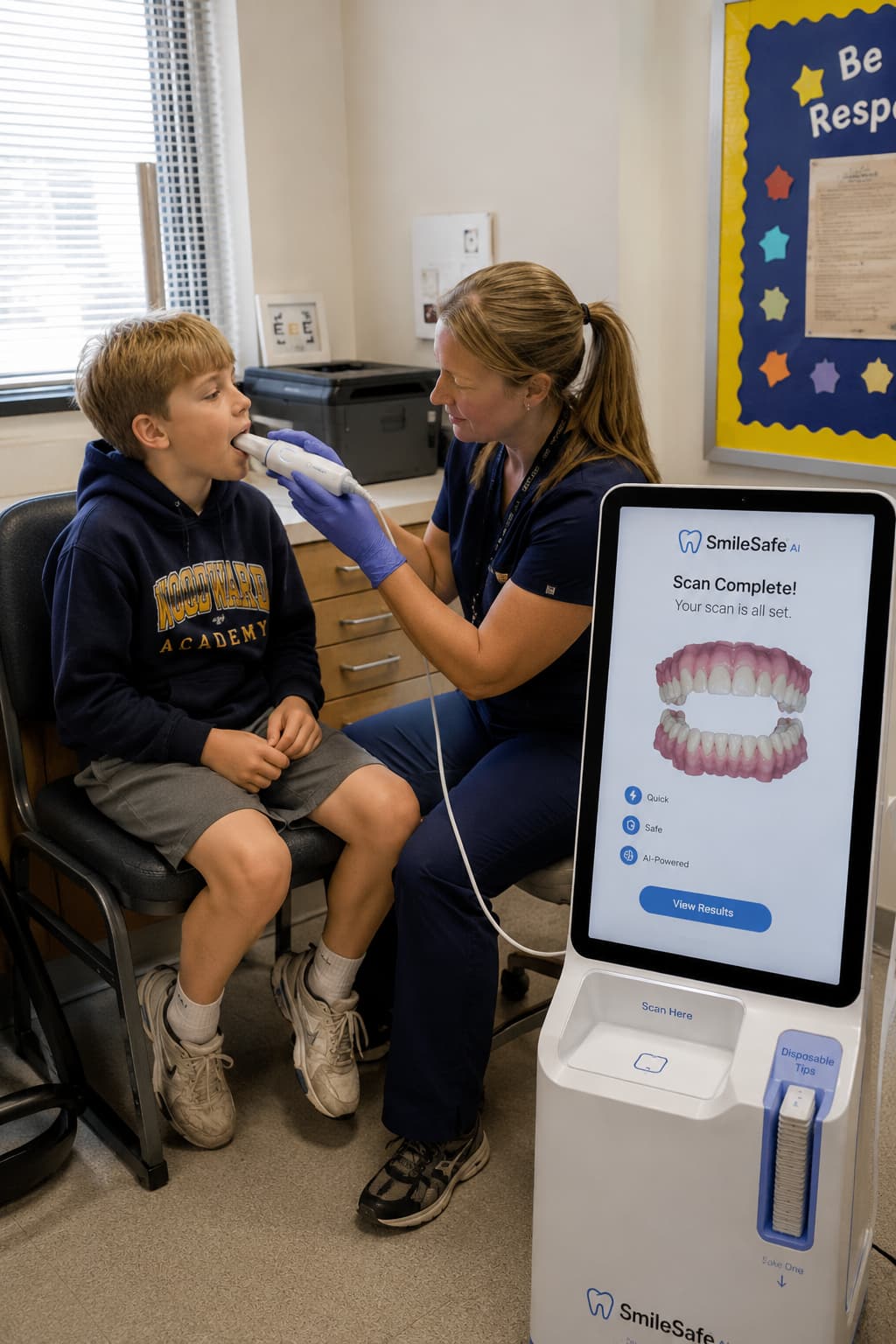 Student receiving SmileSafe screening in a school setting