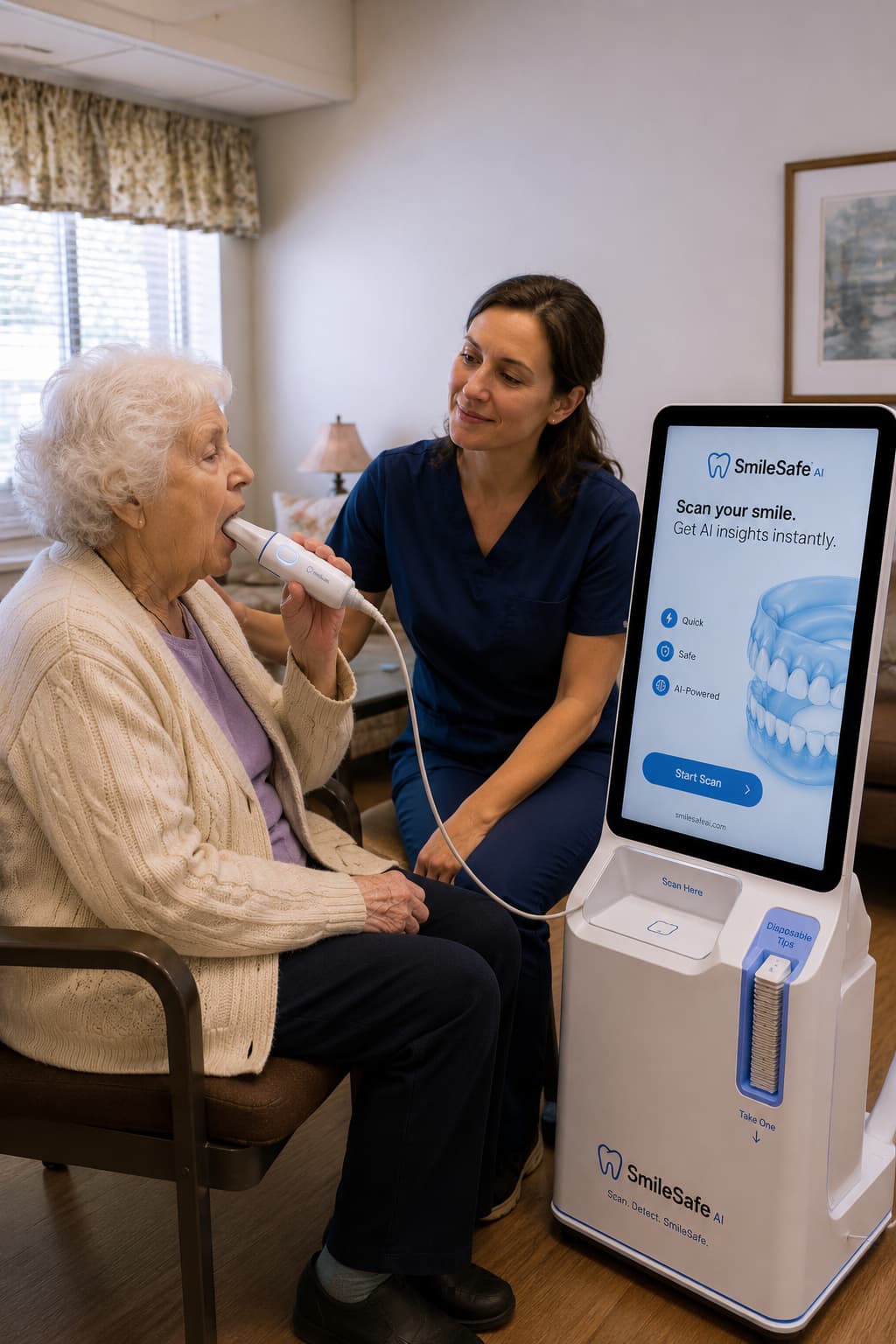 Senior resident receiving dental screening with caregiver assistance